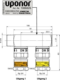 Uponor GAS veiligheidsverdeler inclusief gasstromingsbeveiliging Rp3/4"FT 2XRp3/4"FT c/c50mm